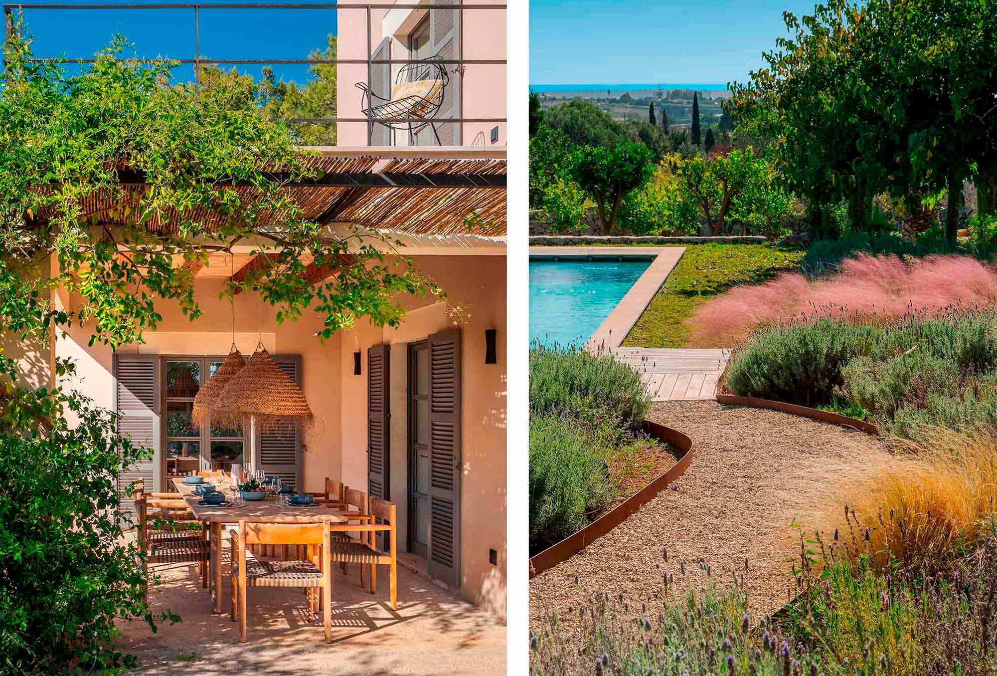 Outdoor dining area under a pergola with fibre lamps and gravel path to the pool through lavender