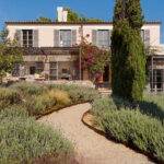 Gravel path through lavender to the two-storey house with bougainvillea, pergola and cypresses
