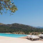 Tumbonas blancas junto a la piscina, con una rama de olivo y montañas verdes al fondo