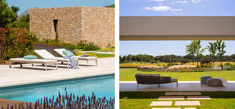 Tumbonas junto a una piscina y un muro de piedra, y terraza abierta a un jardín con césped y plantas