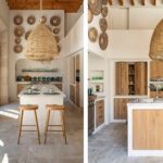 Dos vistas de la cocina con isla blanca, taburetes, lámpara de esparto y armarios de madera