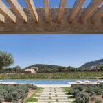 Vista bajo la pérgola hacia el camino de losas, el olivo, la piscina y el viñedo