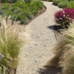 Camino curvo de grava con borde metálico entre gramíneas, flores granates y plantas verdes