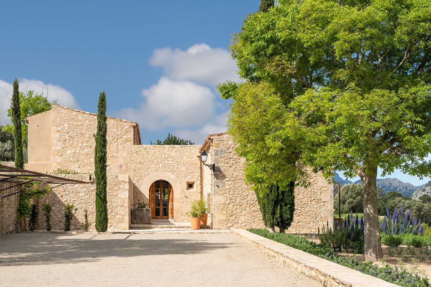 Entrada de piedra con puerta de madera en arco, ciprés alto y patio de gravilla soleado
