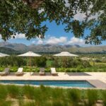 Piscina con sombrillas blancas y tumbonas, enmarcada por ramas de árbol y montañas al fondo