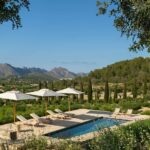 Vista elevada de la piscina con sombrillas blancas, cipreses y sierra al fondo tras ramas de olivo