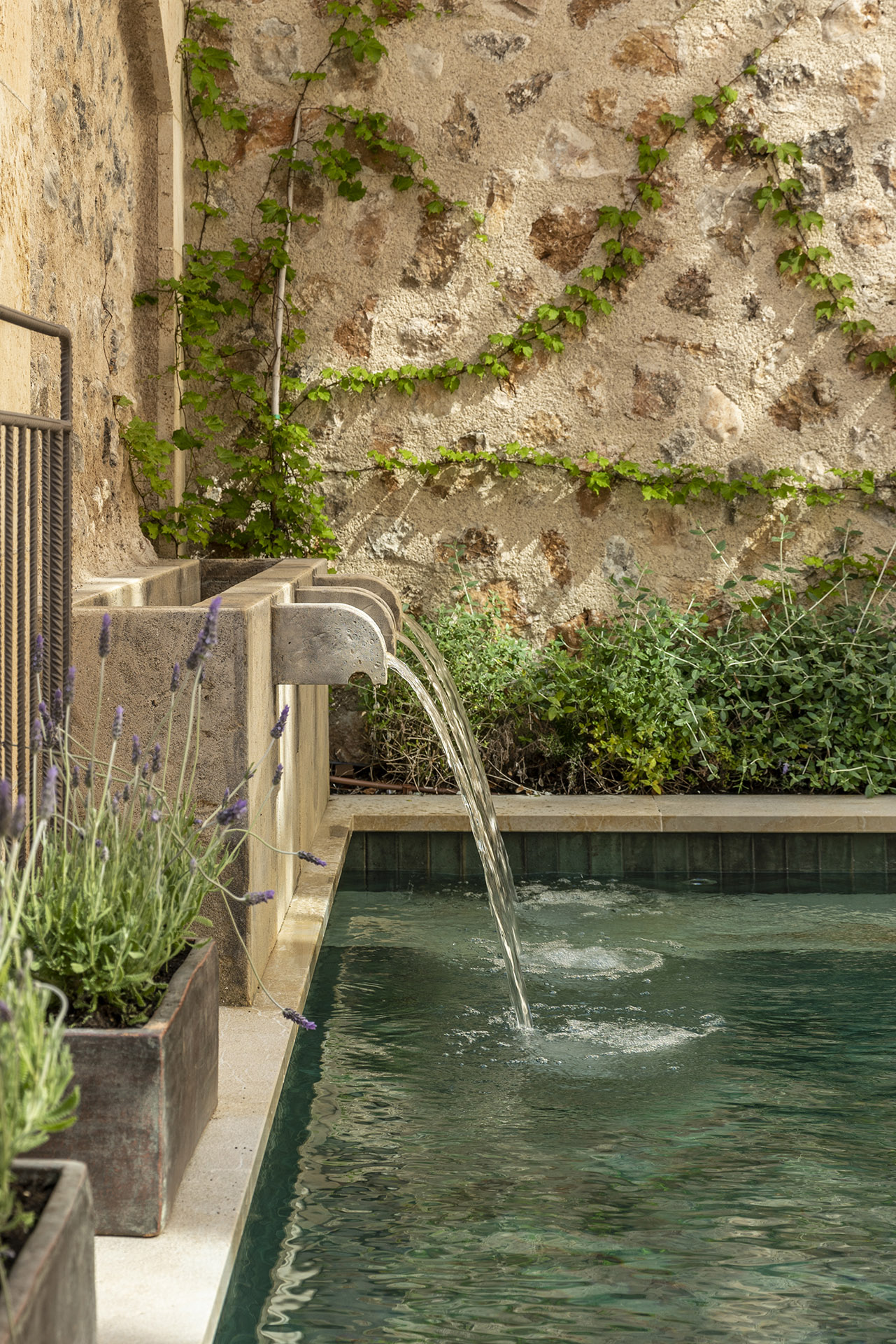 Detalle de la fuente de piedra con chorro de agua cayendo a la piscina, enredadera y lavanda