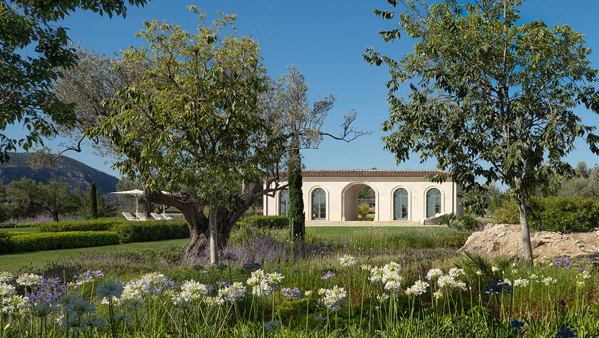 Pavillon mit Bögen zwischen einem Olivenbaum und weiteren Bäumen, davor weiße und blaue Schmucklilien
