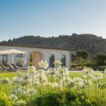 Weiß blühende Schmucklilien im Vordergrund und Steinpavillon mit Sonnenliegen vor einem bewaldeten Hügel