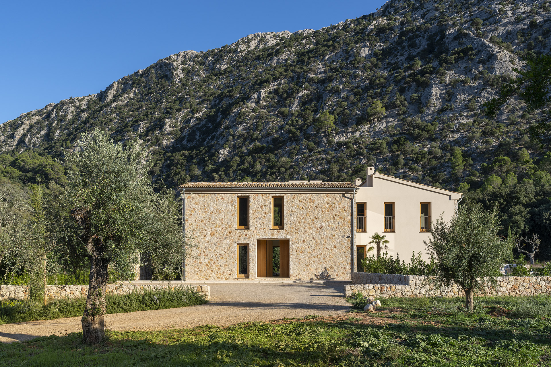 Zugang zum Wohnhaus mit Natursteinfassade, Olivenbäumen, Kiesweg und dem Berg im Hintergrund