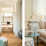 Zwei Ansichten der Galerie: Holzschreibtisch mit Stuhl aus Seilgeflecht und Sofaecke mit Kissen