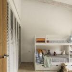Litera blanca con cajones, armario de lamas y vigas de madera envejecida en dormitorio infantil