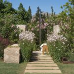 Camino de losas de piedra entre flores rosas y blancas que conduce a una ducha exterior