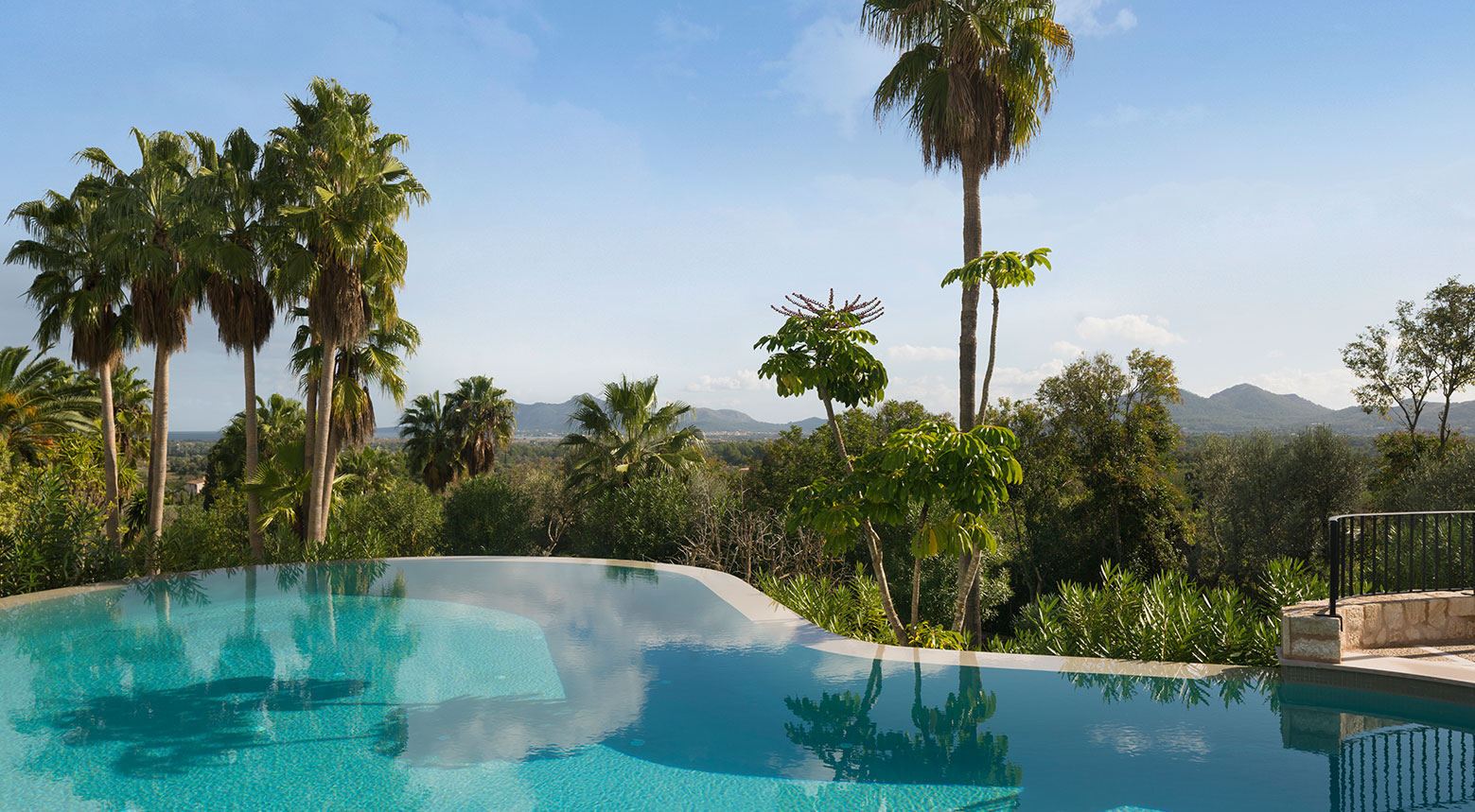 Borde infinito de la piscina con vistas a palmeras, campo y montañas al fondo