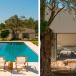 Pool mit zwei Holzliegen neben dem Haus und Schlafzimmer mit geöffneten grünen Fensterläden