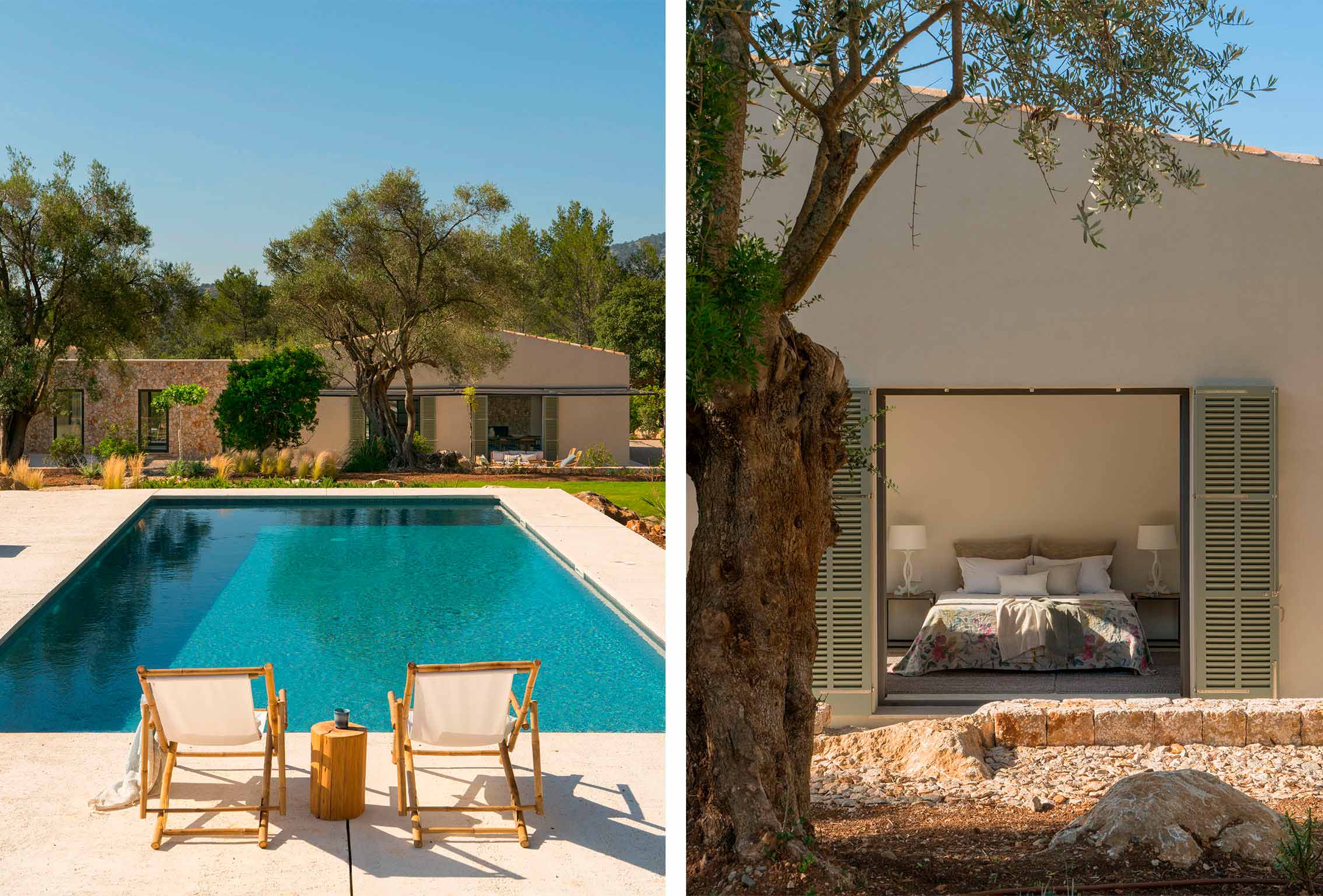 Pool mit zwei Holzliegen neben dem Haus und Schlafzimmer mit geöffneten grünen Fensterläden