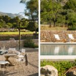 Essbereich im Freien auf Kies mit Steinmauer und Berg im Hintergrund, Sonnenliegen am Pool