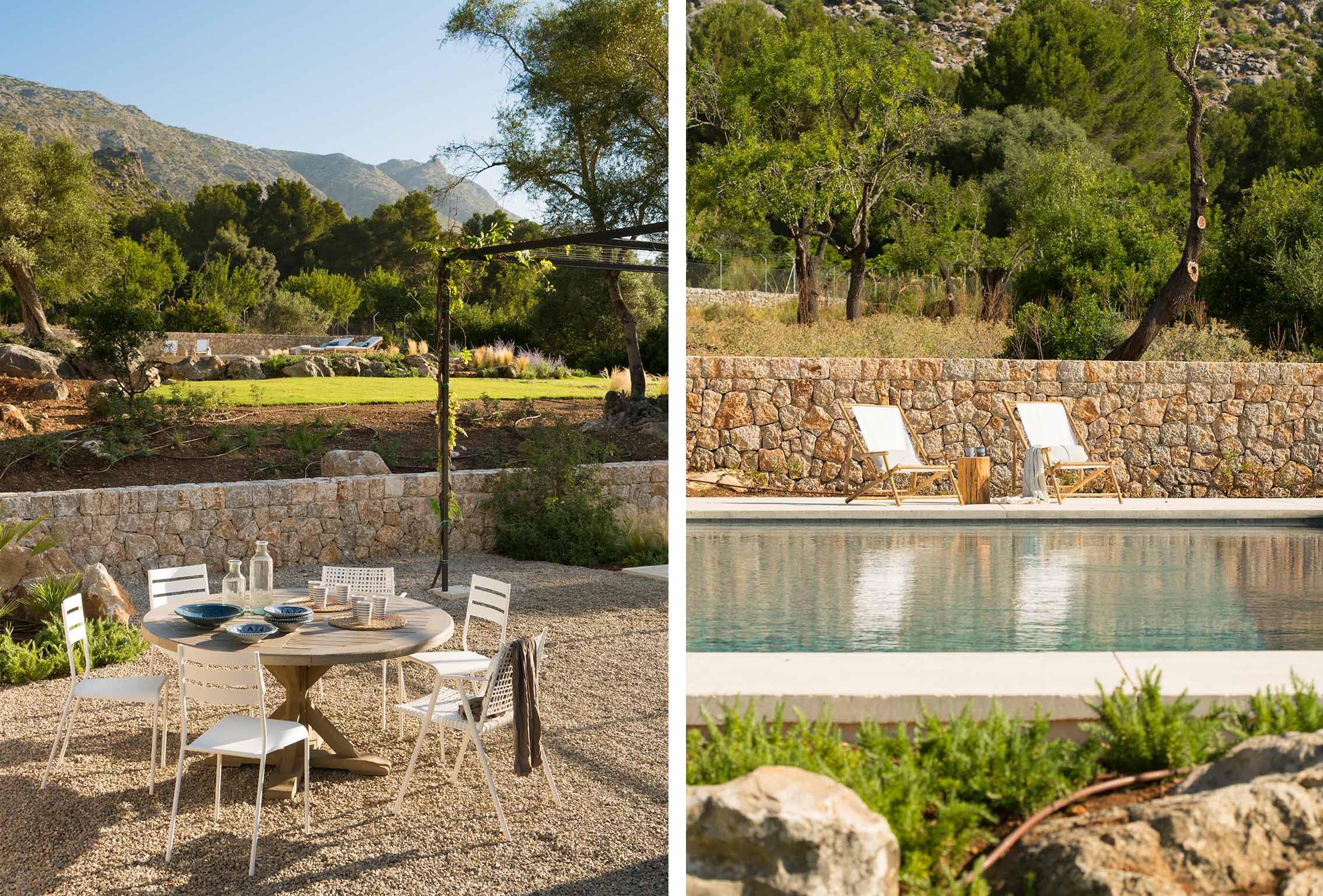 Essbereich im Freien auf Kies mit Steinmauer und Berg im Hintergrund, Sonnenliegen am Pool