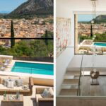 Terraza con sofás de mimbre y vistas al pueblo; a la derecha, escalera de cristal con lámpara colgante.
