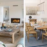 Salón con chimenea encendida y comedor de madera con sillas de asiento trenzado.
