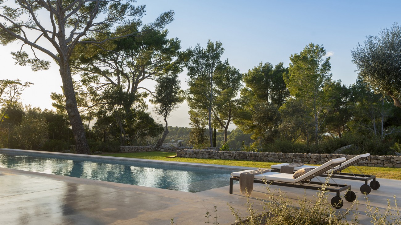 Piscina y tumbonas con luz dorada del atardecer, rodeadas de pinos, césped y muro de piedra seca