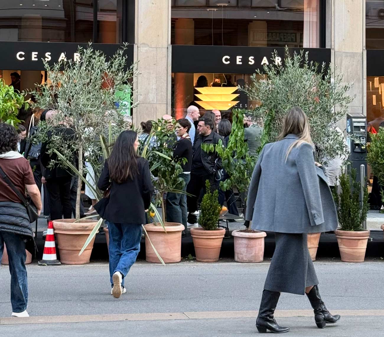 Schaufenster von Cesar mit Olivenbäumen in Terrakottatöpfen und Menschen auf der Straße