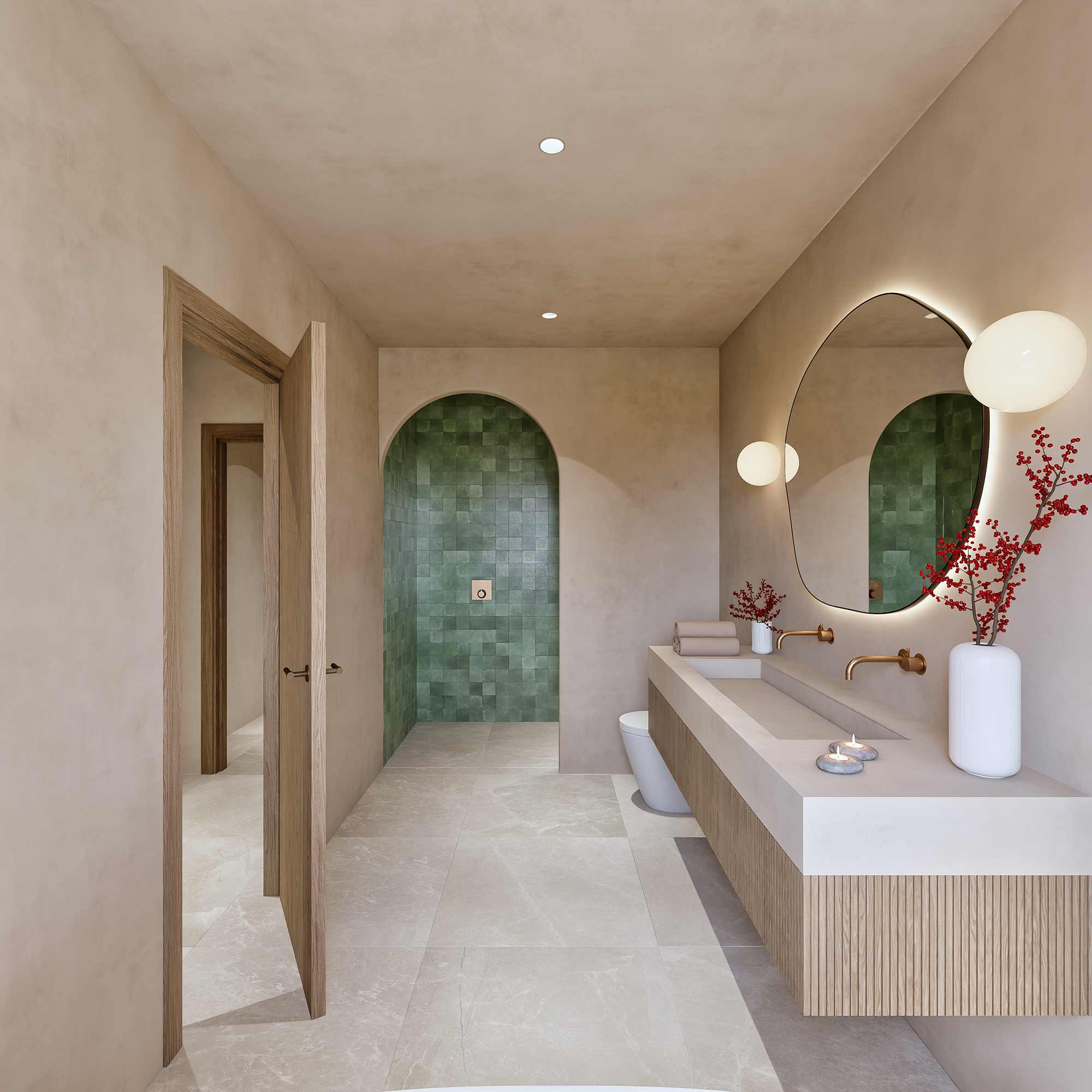 Baño con ducha en nicho arqueado de azulejo verde, paredes beige, doble grifería y espejo orgánico iluminado
