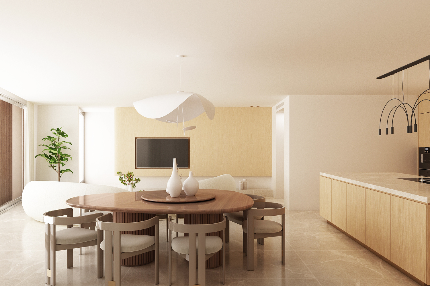 Comedor con mesa ovalada de madera, sillas tapizadas, lámpara blanca y salón con sofá curvo al fondo