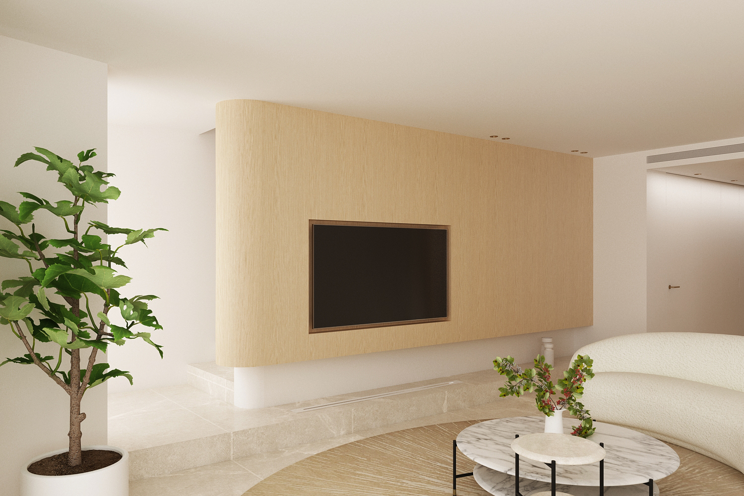 Salón con pared curva de roble y televisor empotrado, sofá curvo blanco, mesas de mármol y una planta