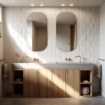 Recreación de baño con doble lavabo sobre mueble de roble, dos espejos ovalados y grifería dorada