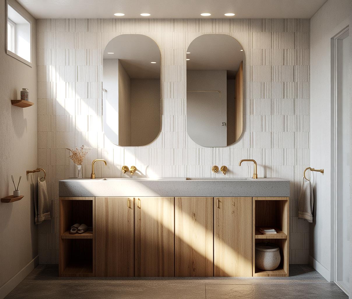 Recreación de baño con doble lavabo sobre mueble de roble, dos espejos ovalados y grifería dorada