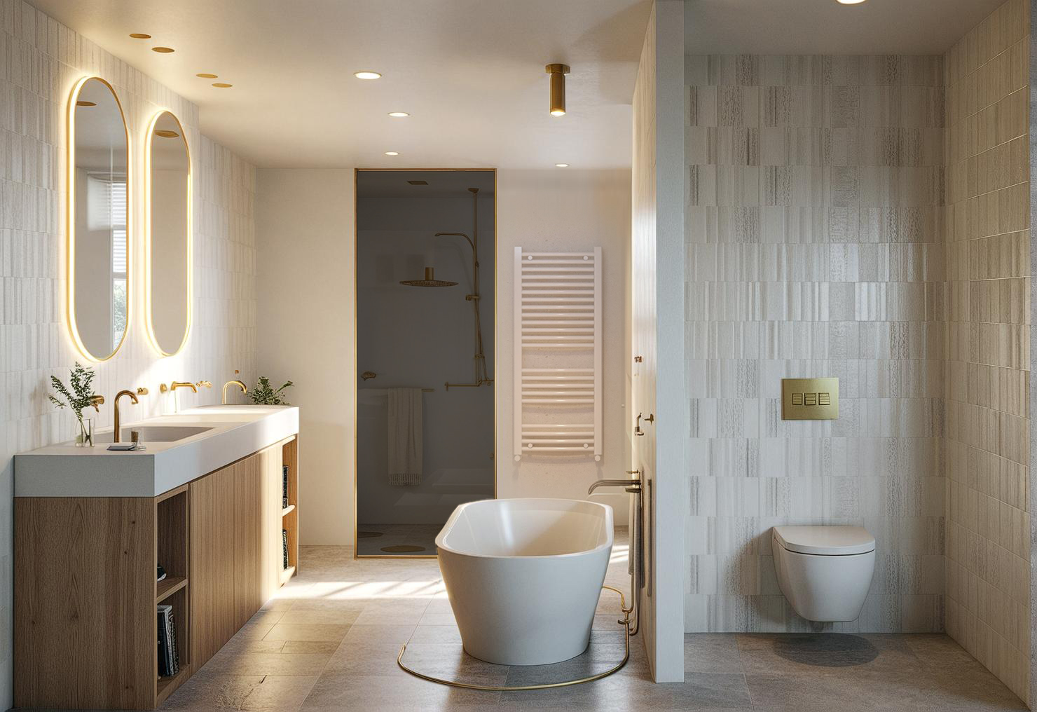 Recreación de baño con bañera exenta, ducha de cristal, doble lavabo de roble y espejos ovalados iluminados