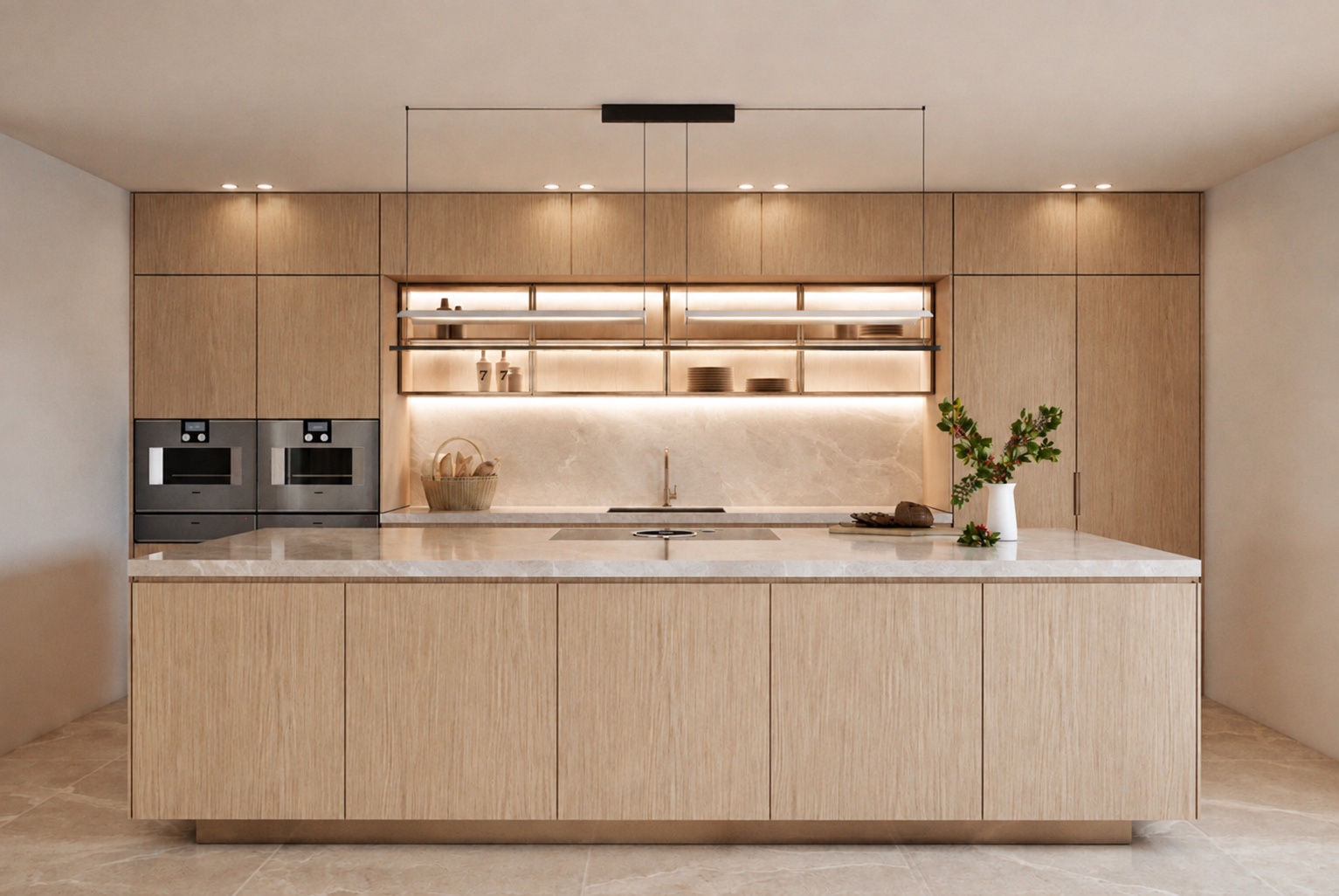 Cocina con isla central de roble claro, encimera de piedra beige, hornos empotrados y estantes iluminados