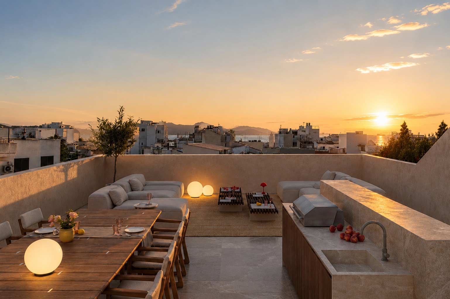 Cubierta con comedor de madera, zona chill out, barbacoa y puesta de sol sobre tejados y mar