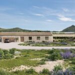 Render of the approach to the house with a parked car, lavender garden and a mountain beyond