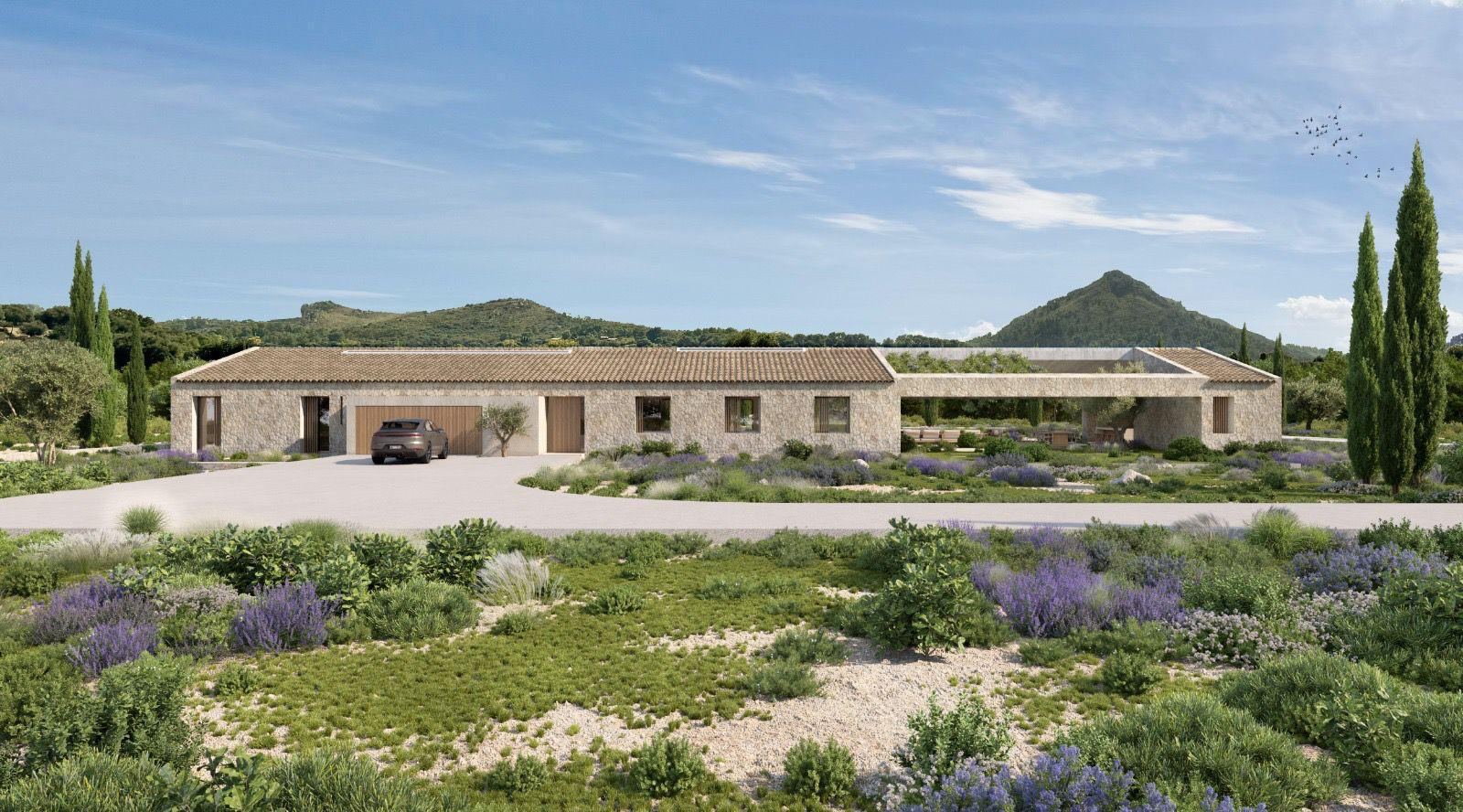 Render of the approach to the house with a parked car, lavender garden and a mountain beyond