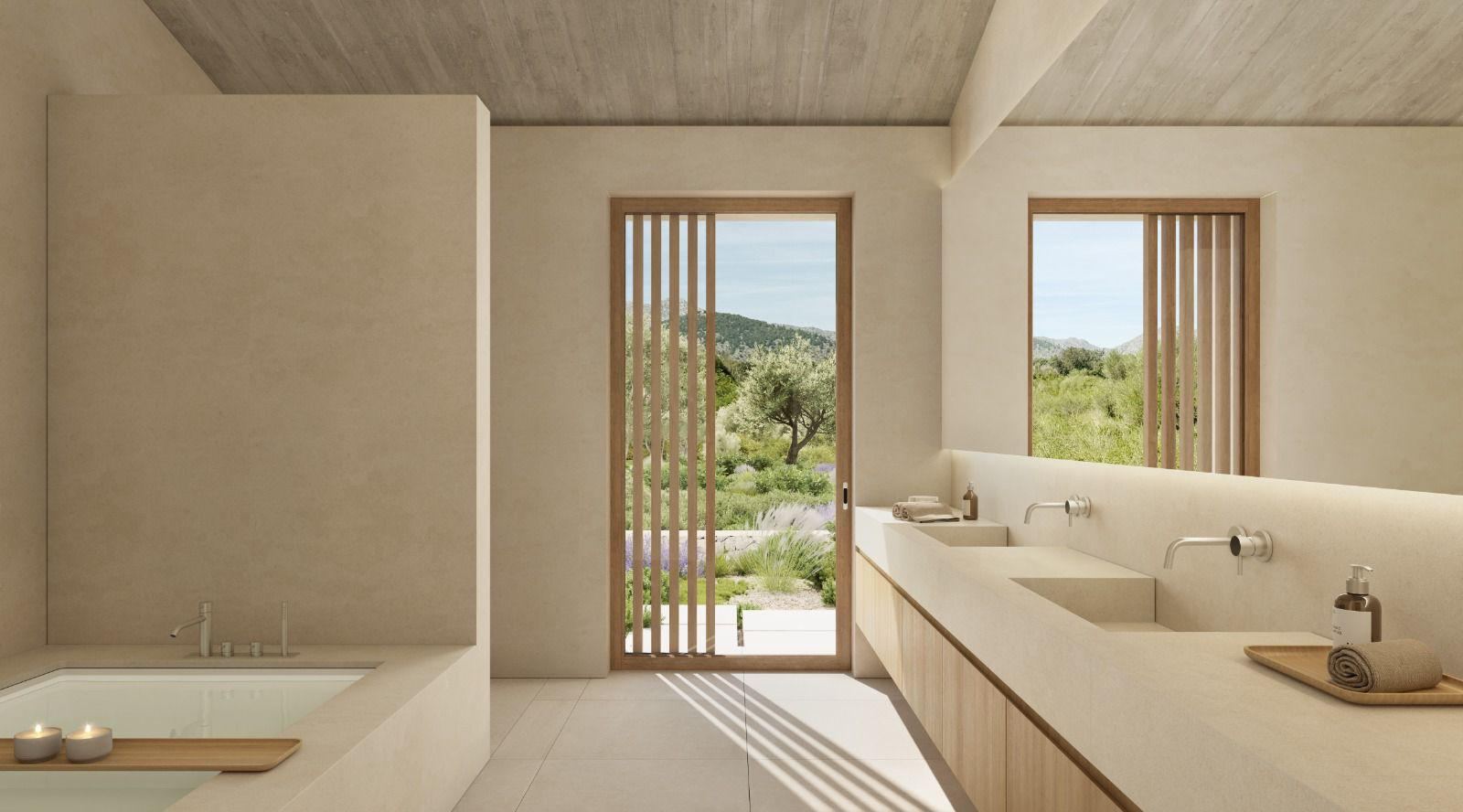Render of a bathroom with a built-in bath, double washbasin on a timber vanity and a slatted door to the garden