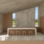 Render of the outdoor bar counter with stools under the porch, between stone walls and timber slats