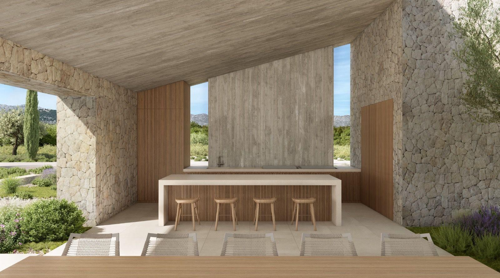 Render of the outdoor bar counter with stools under the porch, between stone walls and timber slats