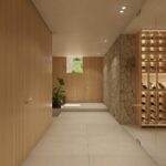 Render of the timber corridor leading to the Can Gat wine cellar, with an illuminated rack behind a glass door