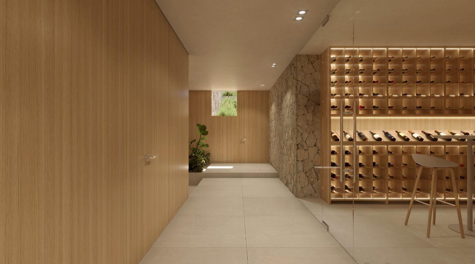 Render of the timber corridor leading to the Can Gat wine cellar, with an illuminated rack behind a glass door