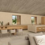 Render of the Can Gat kitchen with island, stools and dining table beside windows with timber slats