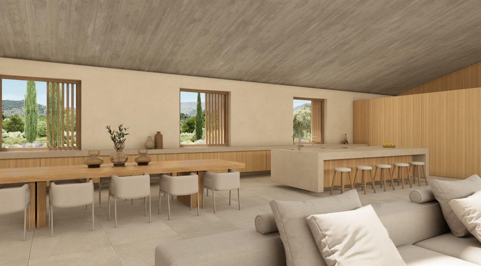 Render of the Can Gat kitchen with island, stools and dining table beside windows with timber slats