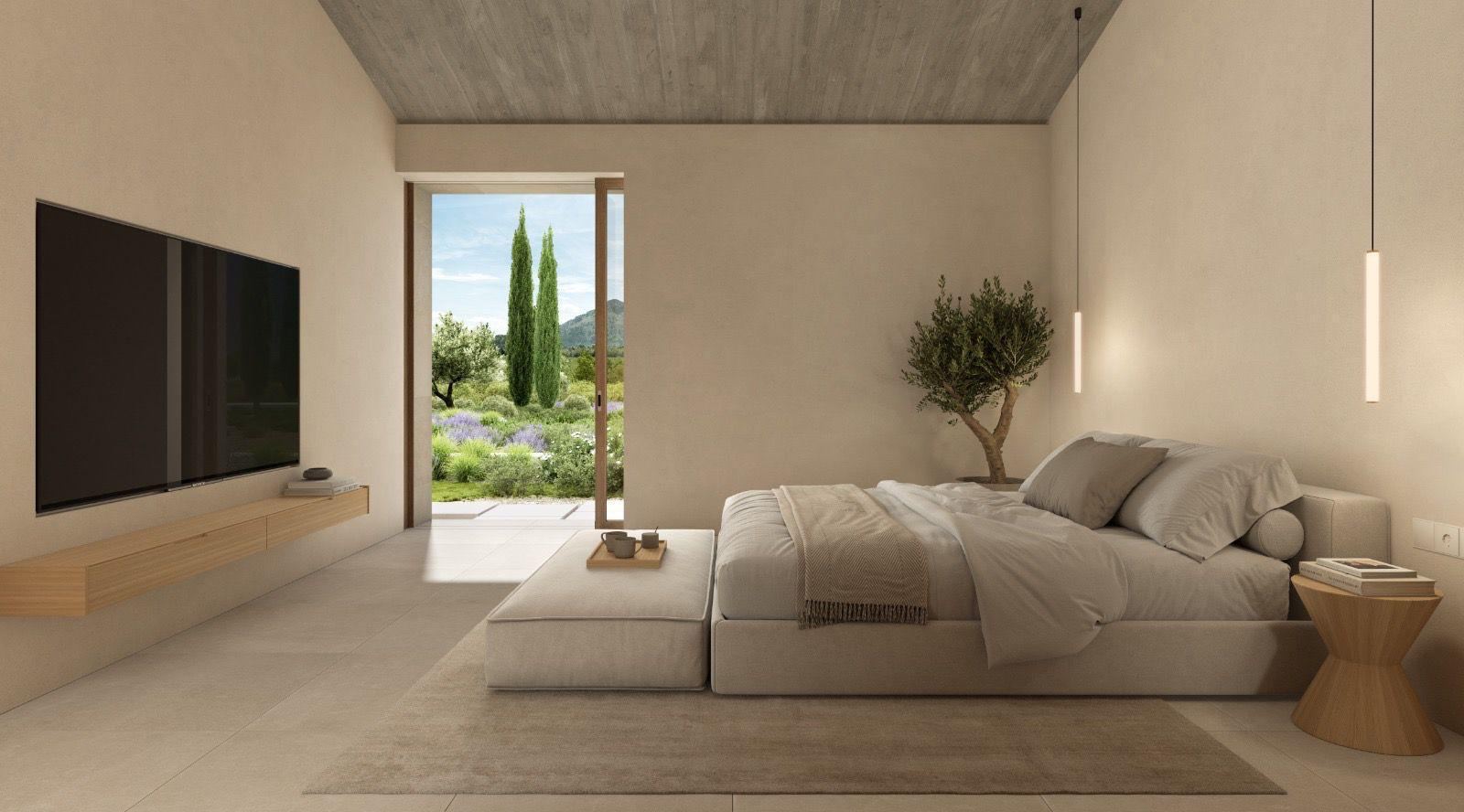 Render of a bedroom with a low bed, television, a potted olive tree and a sliding door to the garden