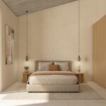 Render of a Can Gat bedroom with large sliding doors open to the garden and a timber wardrobe wall
