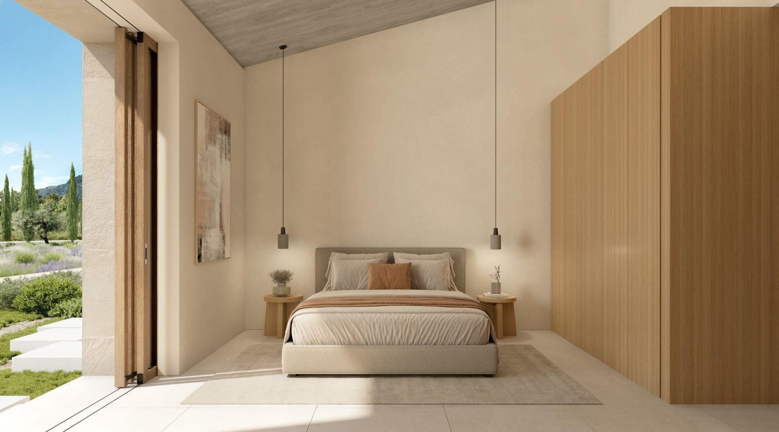 Render of a Can Gat bedroom with large sliding doors open to the garden and a timber wardrobe wall