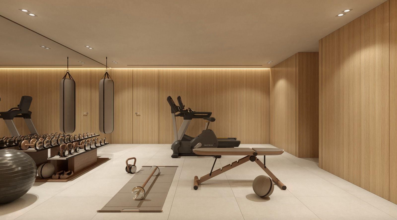 Render of the gym with weights, cardio machines, a bench and punch bags, with timber walls