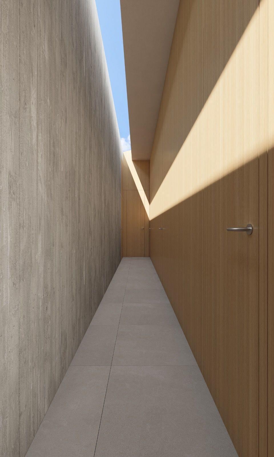 Render of a narrow corridor between a grey wall and timber panels, with natural light from above