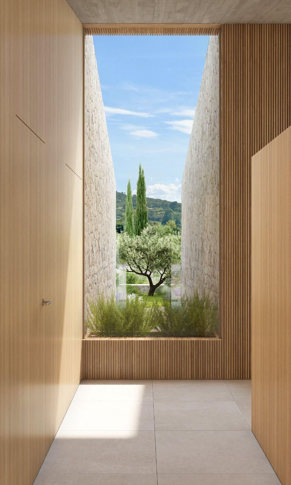 Render of a timber-panelled corridor with a tall window framing an olive tree and cypresses between two stone walls