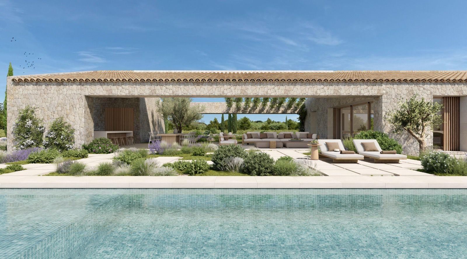 Render of the Can Gat swimming pool in front of the open porch, with sun loungers and Mediterranean planting
